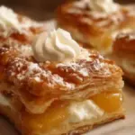 Peach Cream Puff Pastry Squares with fresh peaches and whipped cream filling
