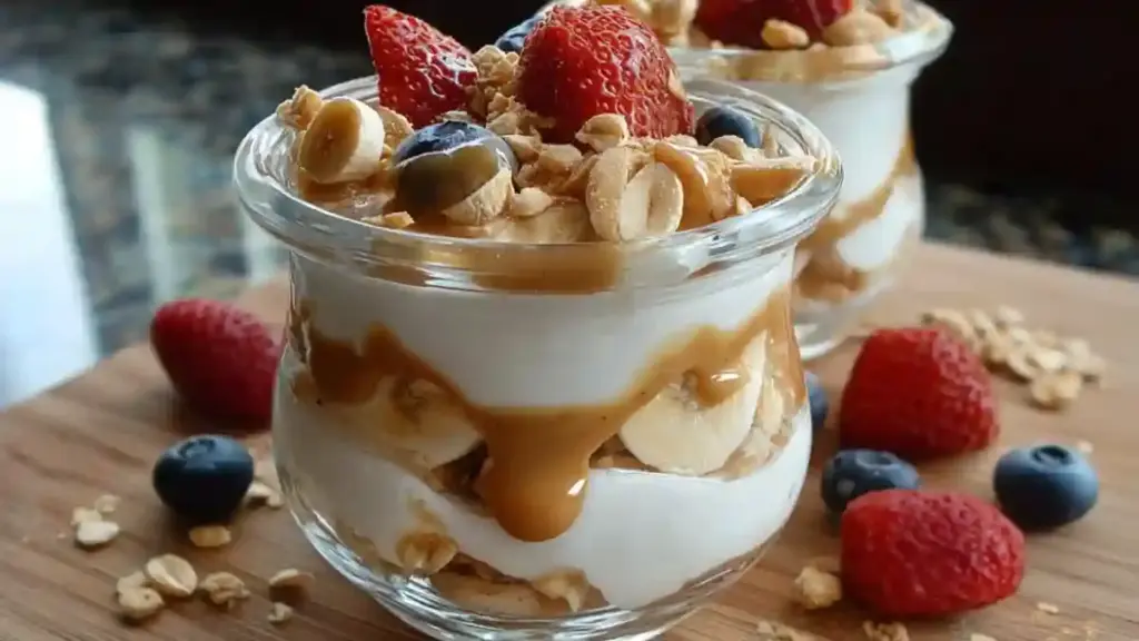 Delicious peanut butter yogurt parfait layered with fruit and granola