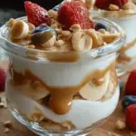 Delicious peanut butter yogurt parfait layered with fruit and granola