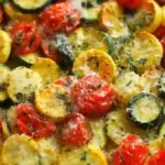 Roasted garlic-parmesan zucchini with squash and tomatoes served on a plate.