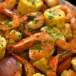 Delicious shrimp boil with shrimp, corn, and potatoes on a wooden table