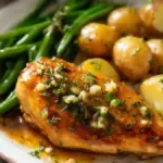 Skillet chicken topped with garlic herb butter sauce served in a skillet.
