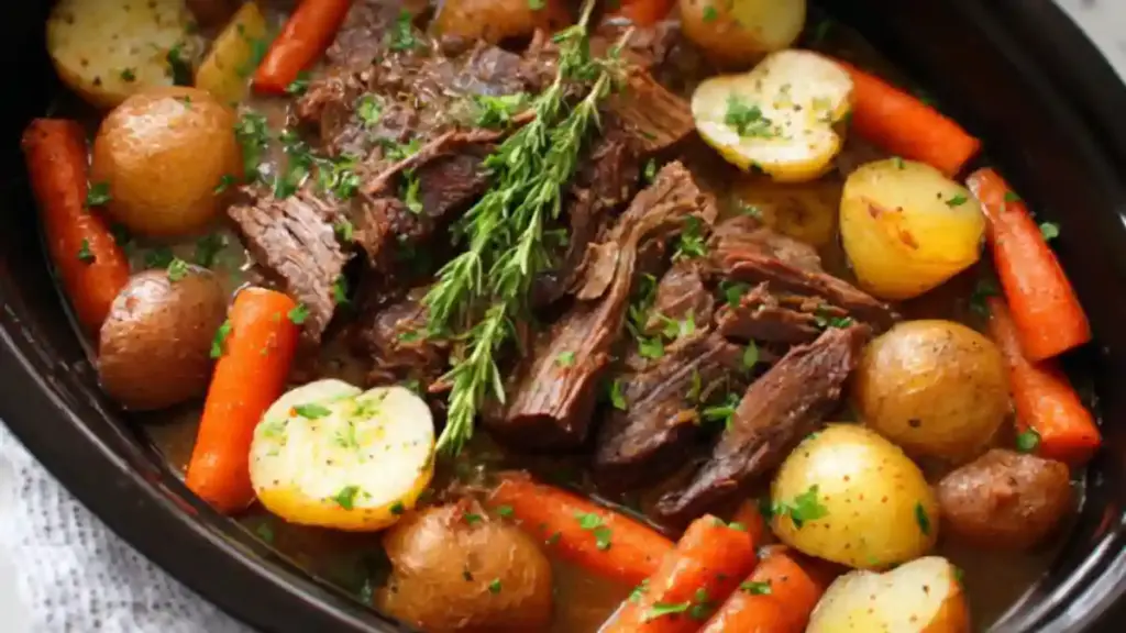 Delicious slow cooker pot roast served with vegetables and herbs
