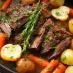 Delicious slow cooker pot roast served with vegetables and herbs