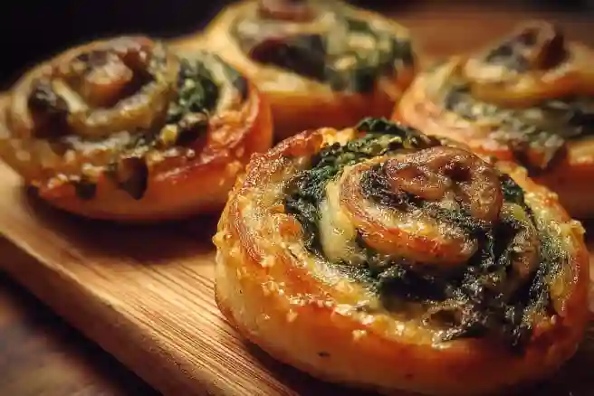 Delicious Spinach and Mushroom Pinwheels served on a plate