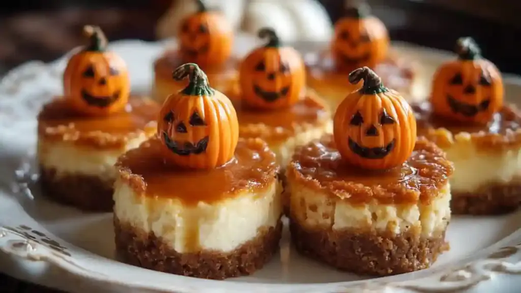 Spooky pumpkin cheesecake bites decorated for Halloween