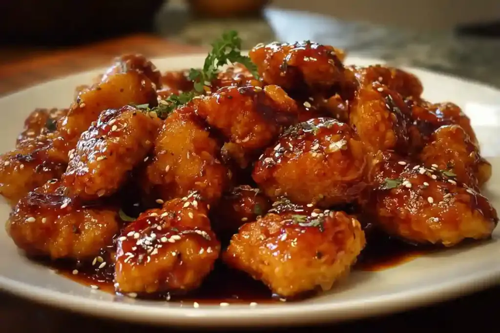 Delicious teriyaki glazed chicken bites served on a plate
