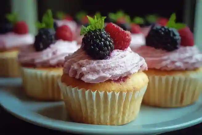 Fluffy Vanilla Cupcakes with Lush Berry Frosting