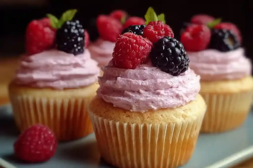 Fluffy Vanilla Cupcakes with Lush Berry Frosting
