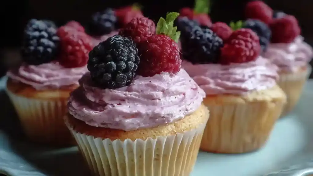 Vanilla cupcakes decorated with colorful berry frosting