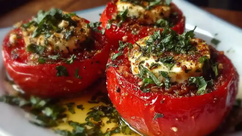 Delicious vegetarian Caprese stuffed tomatoes with mozzarella, basil, and tomato.