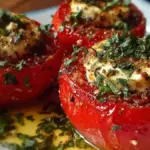 Delicious vegetarian Caprese stuffed tomatoes with mozzarella, basil, and tomato.