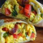 Colorful veggie breakfast wraps filled with fresh vegetables and herbs.