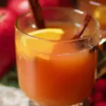 A steaming mug of Wassail, a warm autumn punch with spices and apples, ready to enjoy.