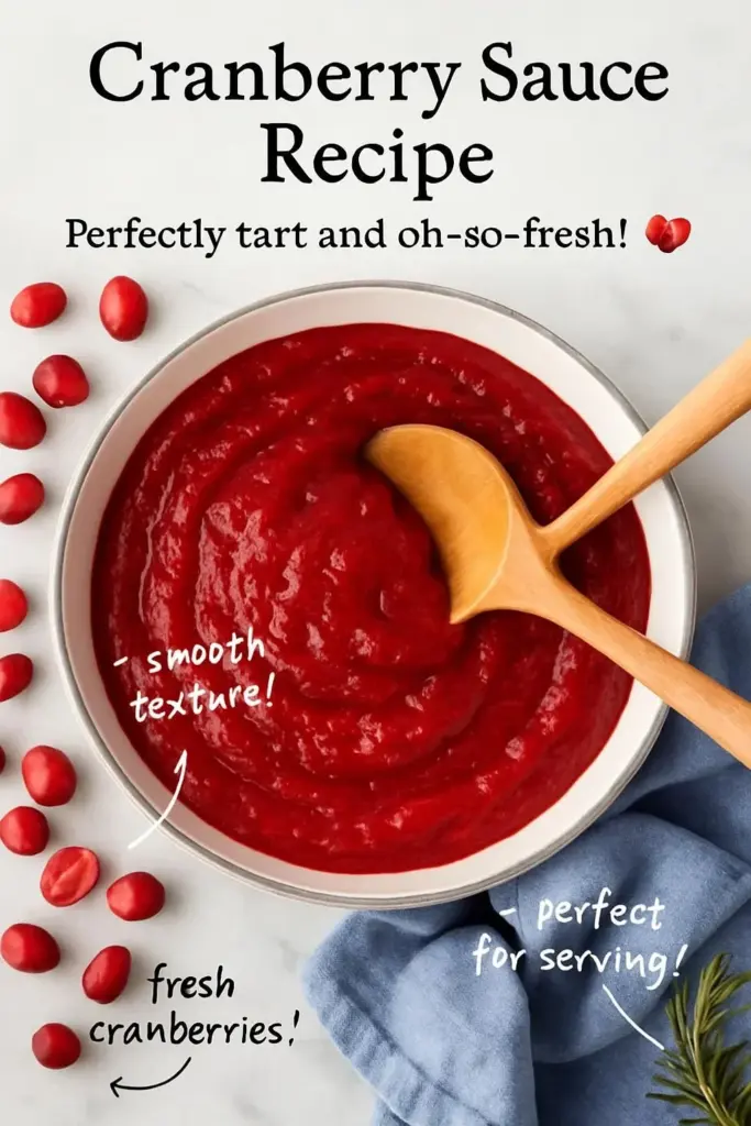 Homemade cranberry sauce in a glass bowl with fresh cranberries and herbs.
