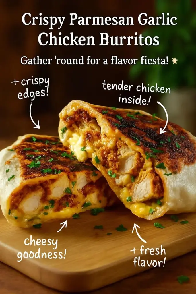 Crispy Parmesan Garlic Chicken Burritos on a plate with fresh ingredients
