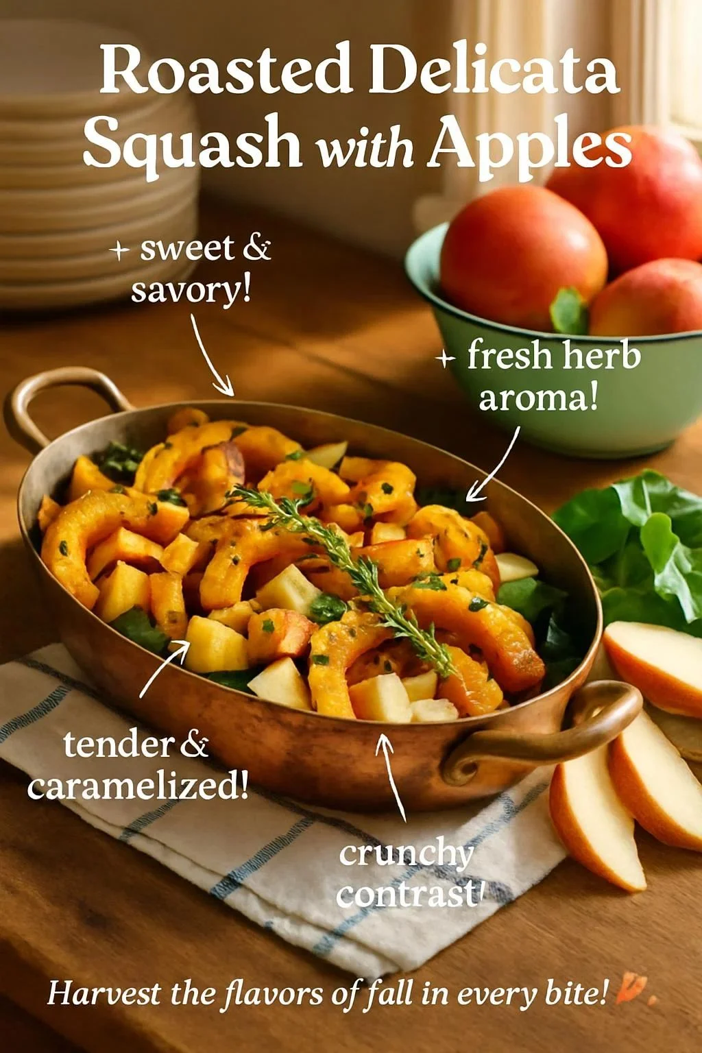 Delicata squash and apple autumn dish garnished with fresh herbs