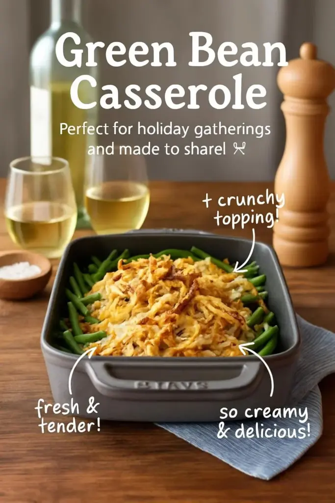 Delicious Green Bean Casserole topped with crispy onions