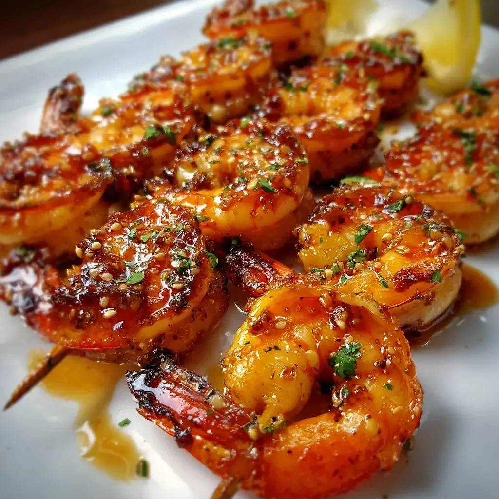 Honey garlic shrimp skewers grilled to perfection with a sweet glaze.