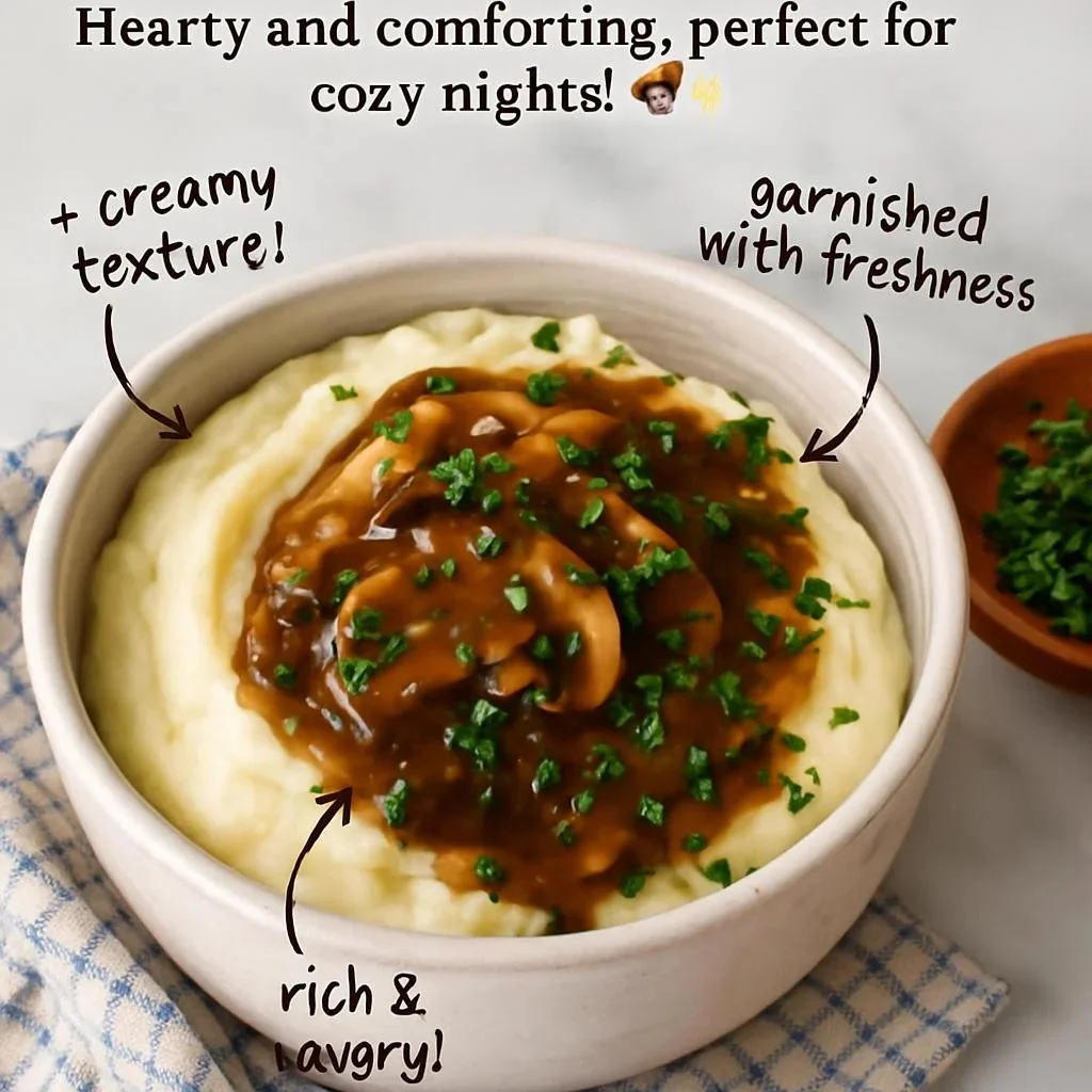 Delicious homemade mushroom gravy pouring over a dish.