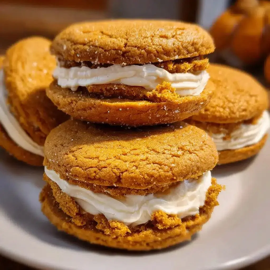 Delicious pumpkin spice cookie sandwiches filled with creamy frosting