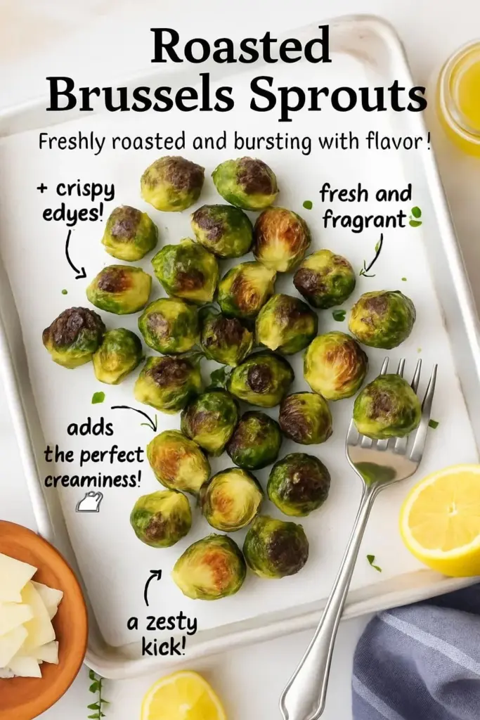 Plate of roasted Brussels sprouts garnished with herbs and olive oil