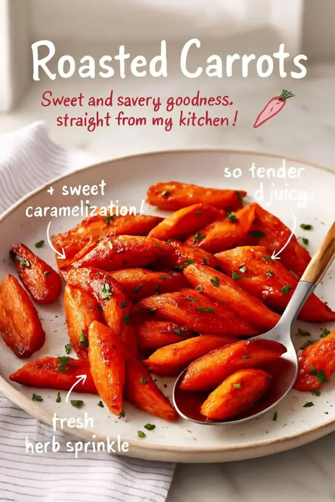Plate of beautifully roasted carrots garnished with herbs.