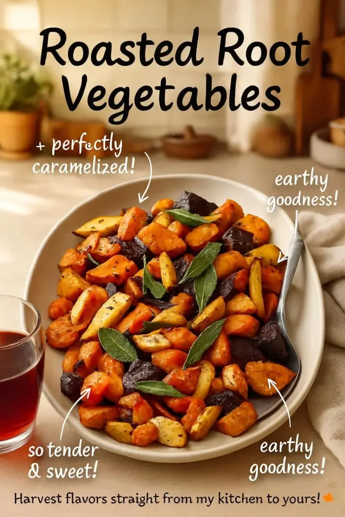 Colorful array of roasted root vegetables including carrots, potatoes, and beets.