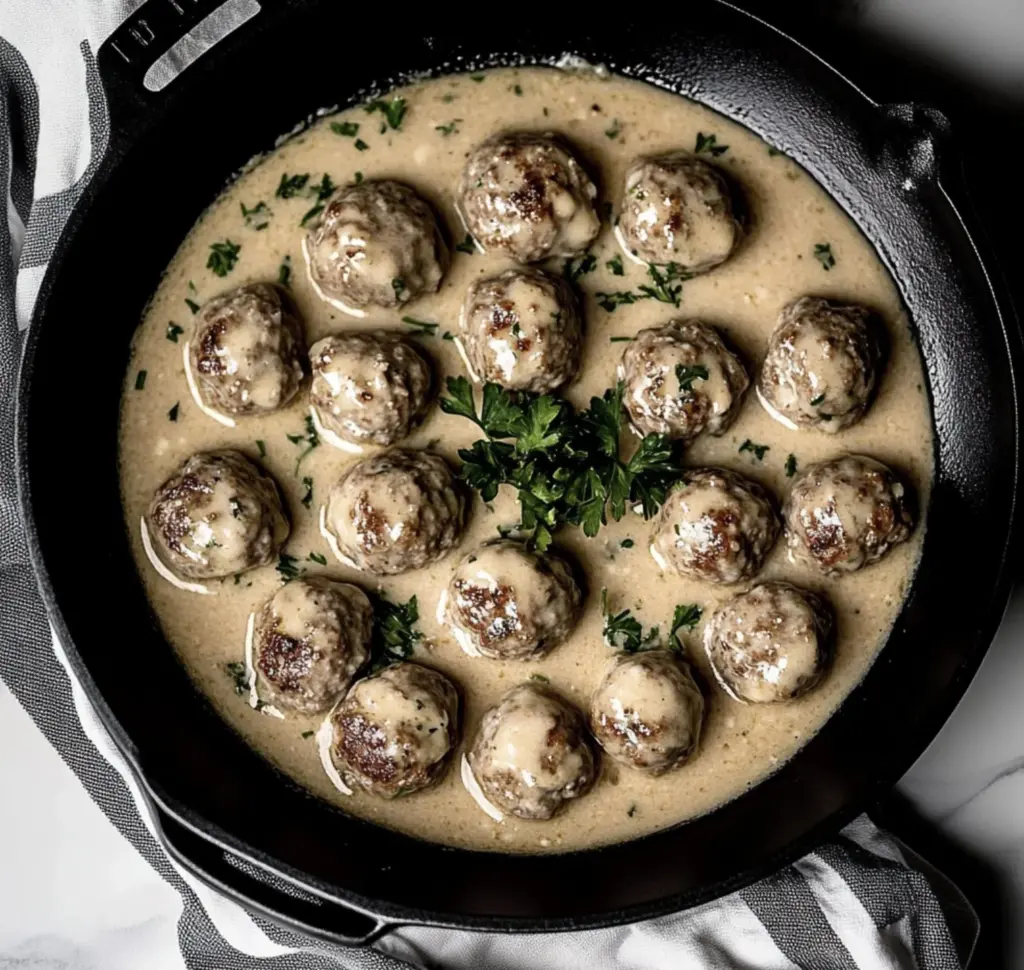Plate of delicious homemade Swedish meatballs served with sauce and lingonberry