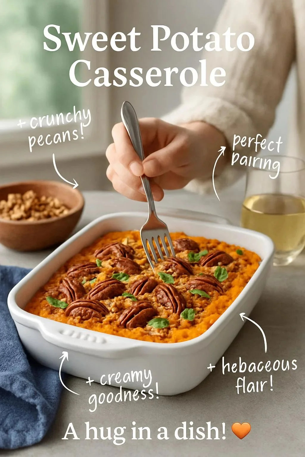 Delicious sweet potato casserole topped with marshmallows and pecans