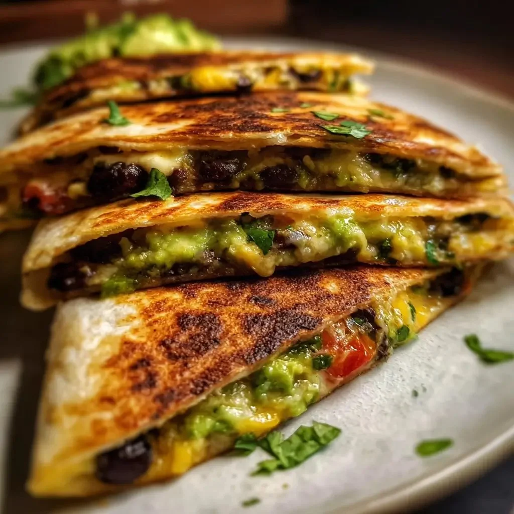 Vegetarian avocado and black bean quesadilla served on a plate