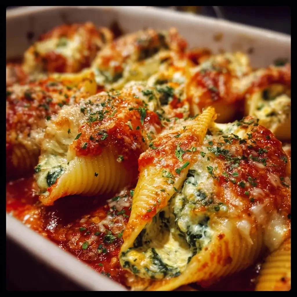 Vegetarian spinach and ricotta stuffed shells topped with marinara sauce.