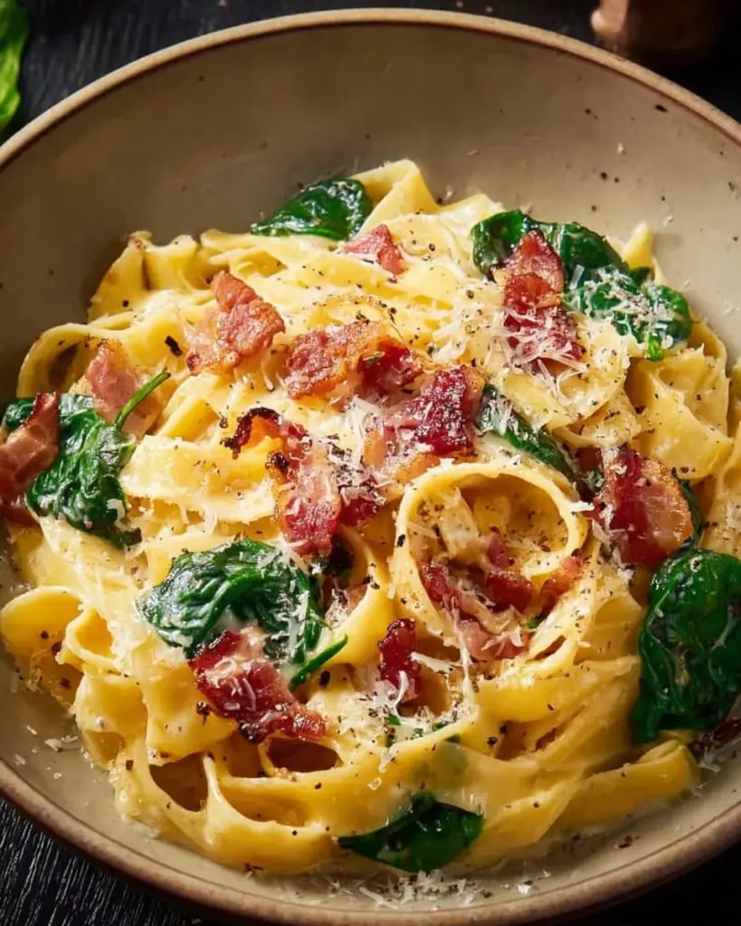 Delicious bacon spinach pasta dish ready to serve in 20 minutes