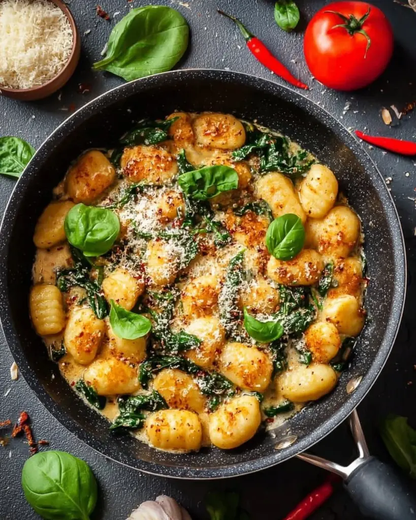 30-minute garlic chicken gnocchi skillet served in a pan