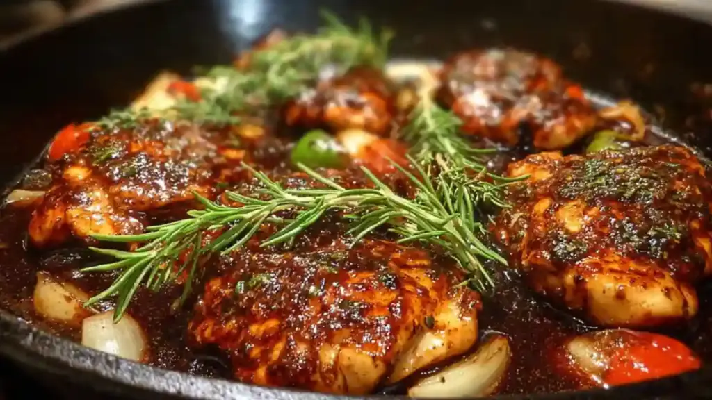 Balsamic glazed chicken skillet garnished with fresh herbs and vegetables