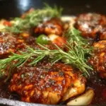 Balsamic glazed chicken skillet garnished with fresh herbs and vegetables