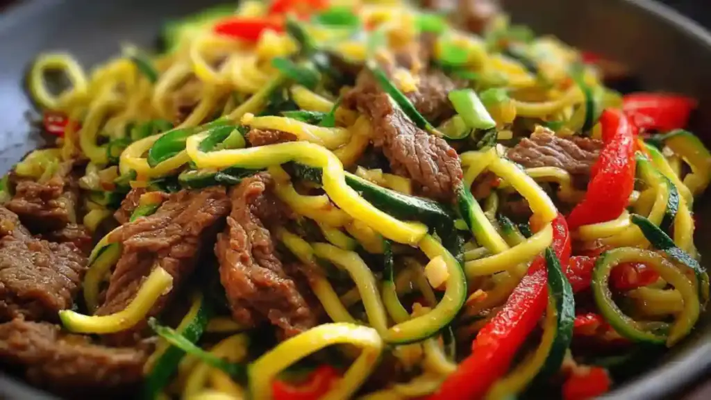 Beef zucchini noodle stir fry with colorful vegetables in a skillet