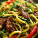 Beef zucchini noodle stir fry with colorful vegetables in a skillet