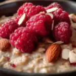 Bowl of Raspberry Almond Oatmeal topped with fresh berries and almonds
