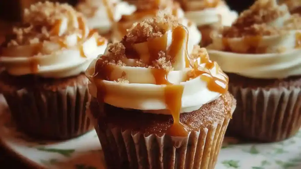 Delicious caramel apple cupcakes topped with caramel drizzle and apple pieces.