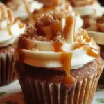 Delicious caramel apple cupcakes topped with caramel drizzle and apple pieces.