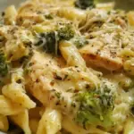 Cheesy broccoli chicken pasta served in a bowl with fresh herbs