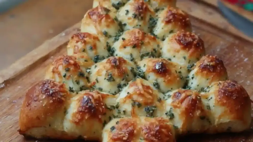 Cheesy Christmas Tree Bread garnished with herbs and cheese, festive treat