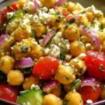 Chickpea salad with feta cheese and olives in a bowl.