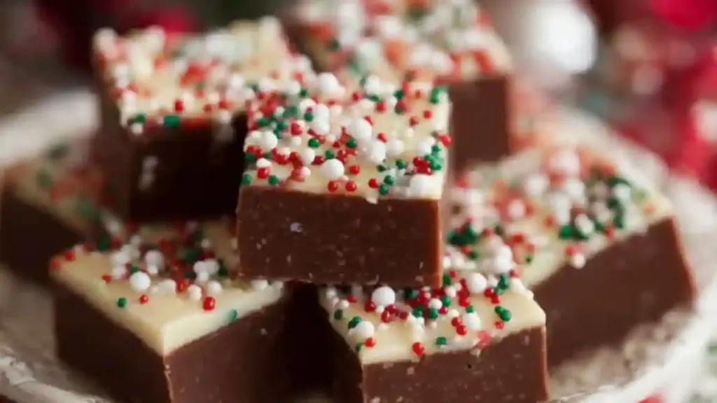 Delicious homemade Christmas fudge in festive holiday packaging