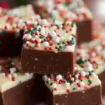 Delicious homemade Christmas fudge in festive holiday packaging
