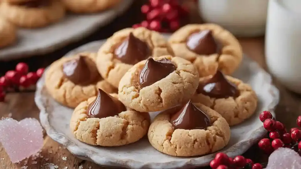 Delicious Christmas Peanut Butter Blossom Cookies topped with chocolate kisses.