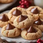 Delicious Christmas Peanut Butter Blossom Cookies topped with chocolate kisses.