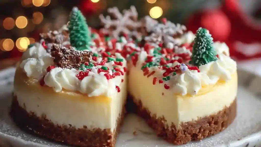 Christmas sugar cookie cheesecake topped with festive decorations