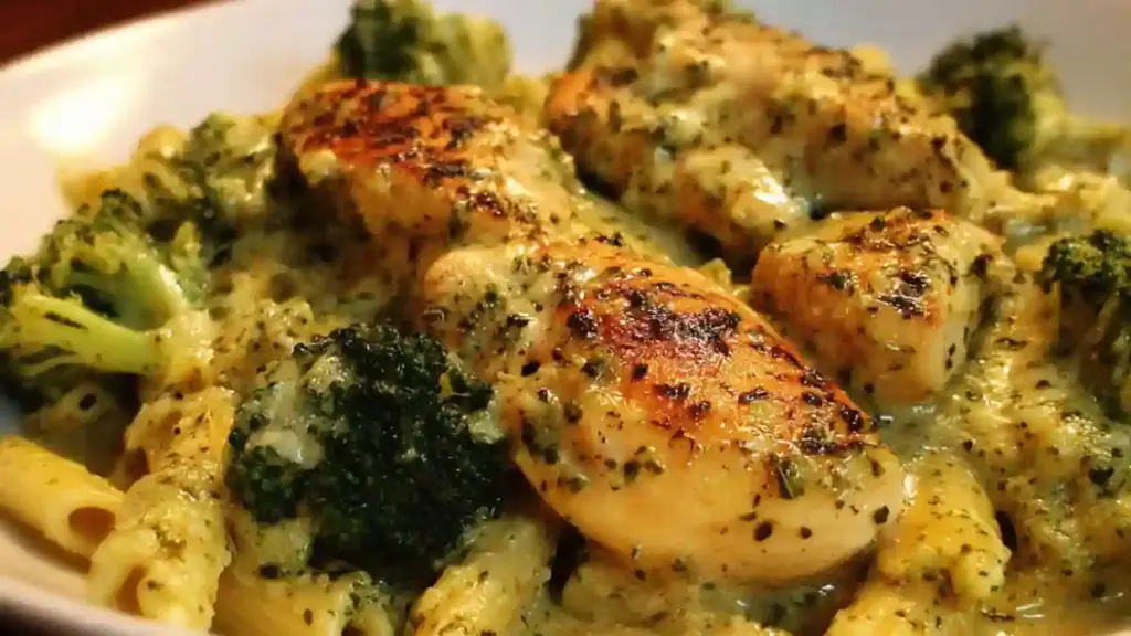 Creamy pesto chicken with broccoli dish ready to serve